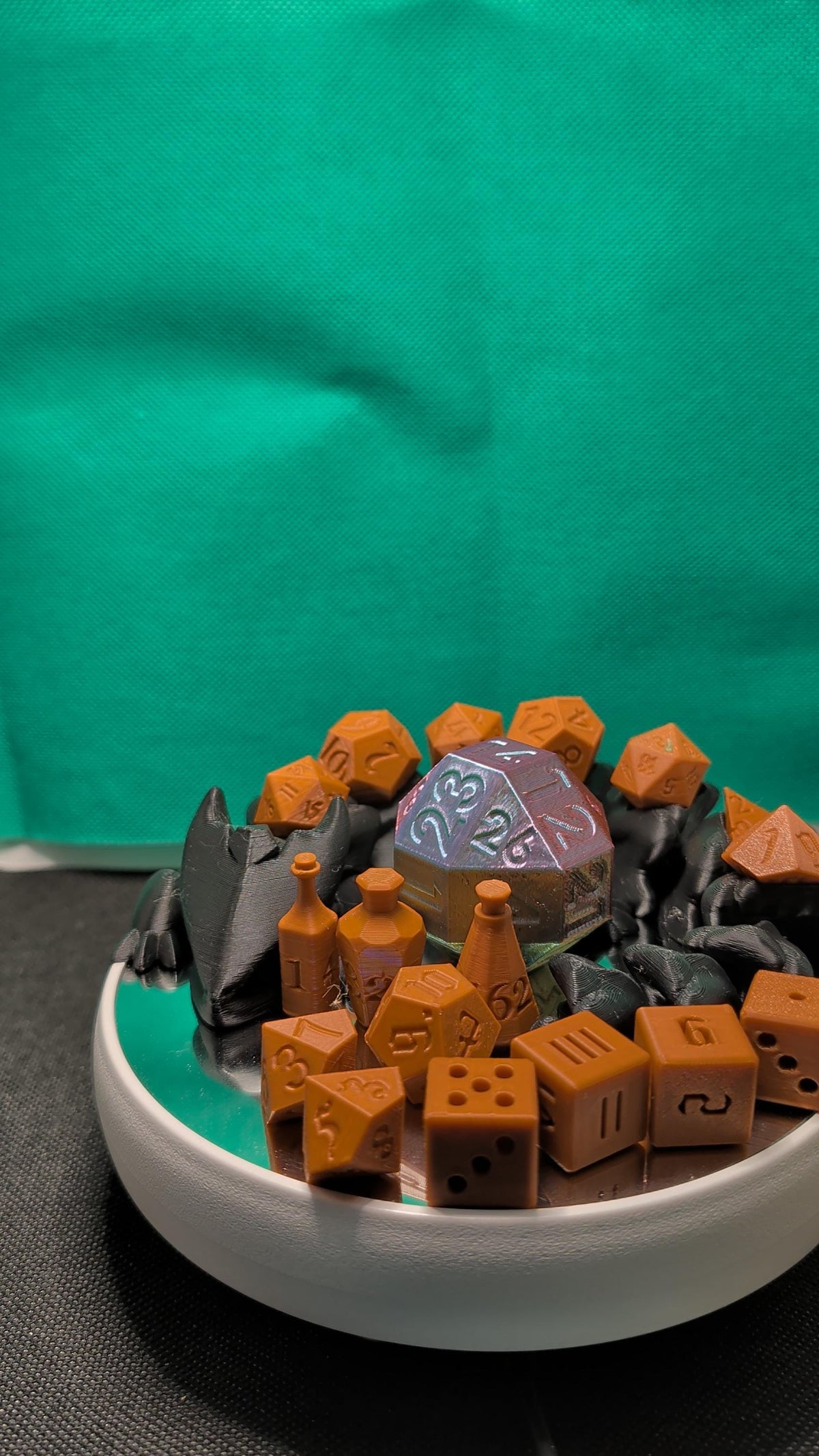 3D Printed Dice Dragon Guardian Set | Cursed Dice, Potion Pieces, Giant D20 (TTRPG Accessory)