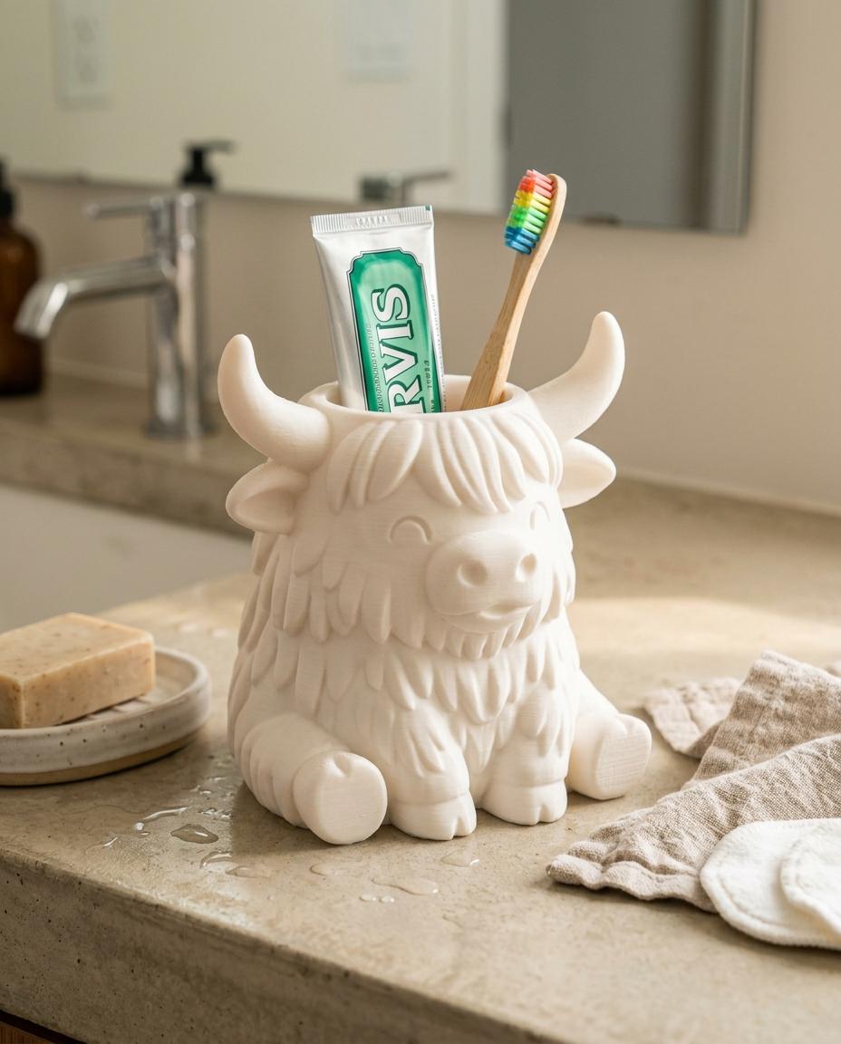 3D Printed Highland Cow Toothpaste Holder, Farmhouse Bathroom Organizer (PETG/PLA)