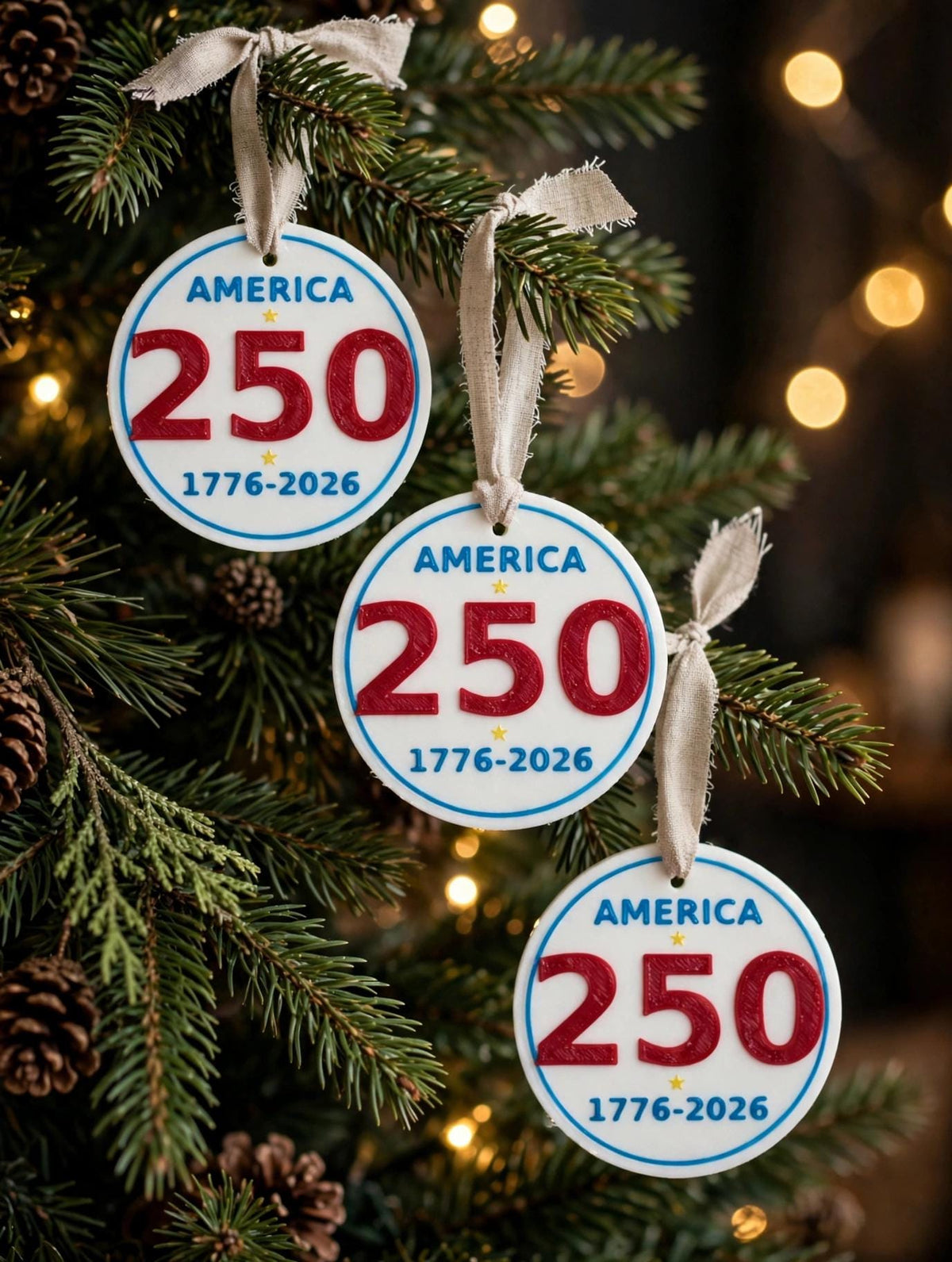 America 250th Birthday Ornament – 3D Printed Patriotic Christmas Decoration (Personalized)