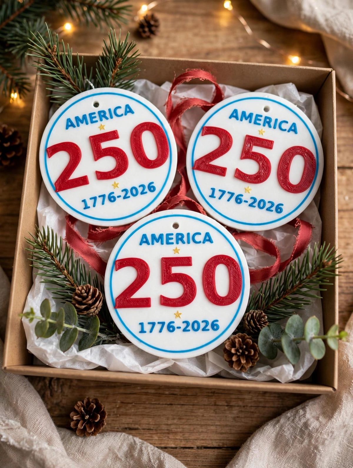 America 250th Birthday Ornament – 3D Printed Patriotic Christmas Decoration (Personalized)